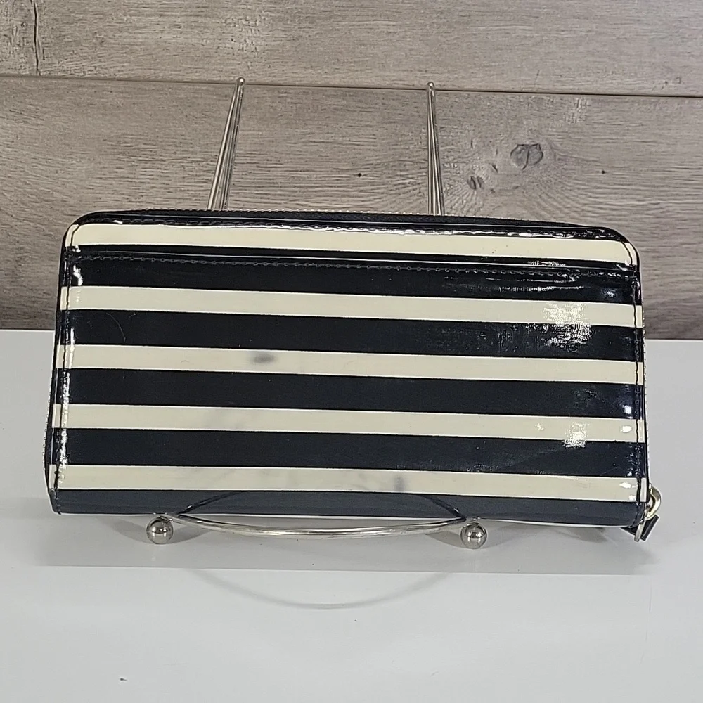 kate spade Black & Off-White Striped Zip Wallet
